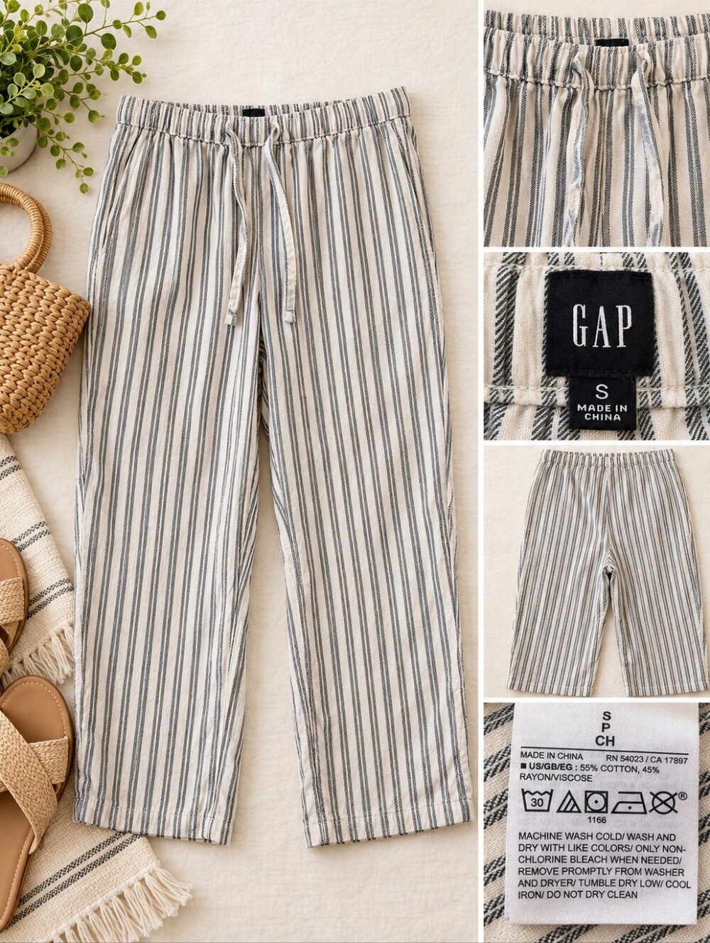 GAP Women’s Striped Pull-On Crop Pants Size S Cotton Rayon Drawstring